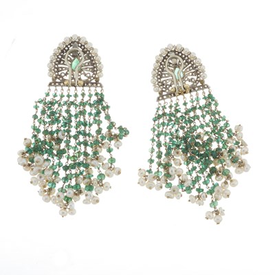 Lot 24 - A pair of bi-metal emerald, diamond and pearl fringe drop earrings