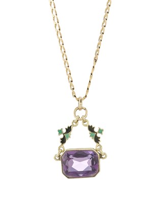 Lot 11 - A yellow metal amethyst and enamel pendant, with 9ct gold chain