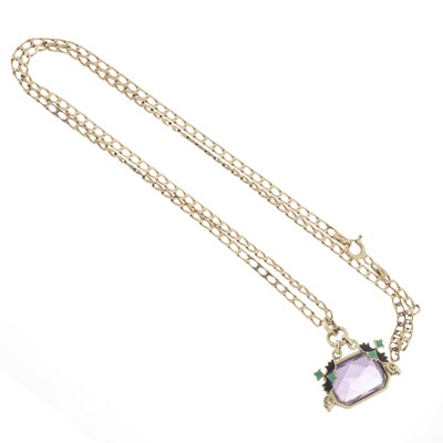 Lot 11 - A yellow metal amethyst and enamel pendant, with 9ct gold chain
