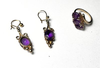 Lot 683 - A pair of amethyst earrings and a ring