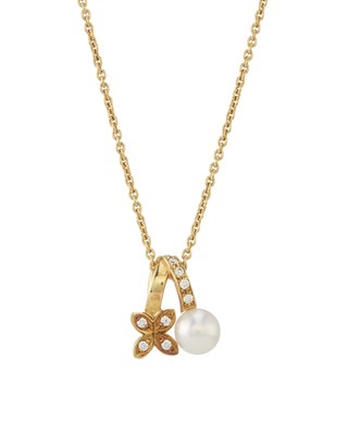 Lot 130 - Mikimoto, an 18ct gold pearl and diamond flower necklace