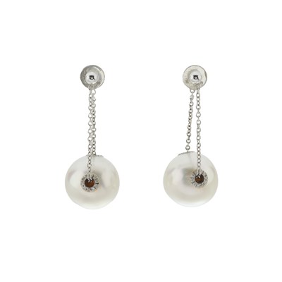 Lot 170 - A pair of 18ct gold cultured pearl and diamond drop earrings