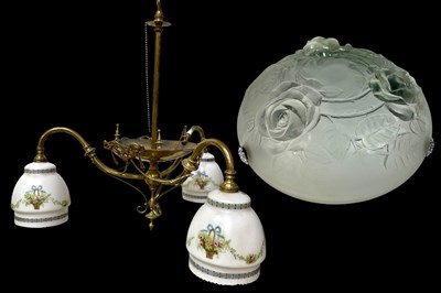 Lot 432 - A brass three-arm chandelier or ceiling light,...