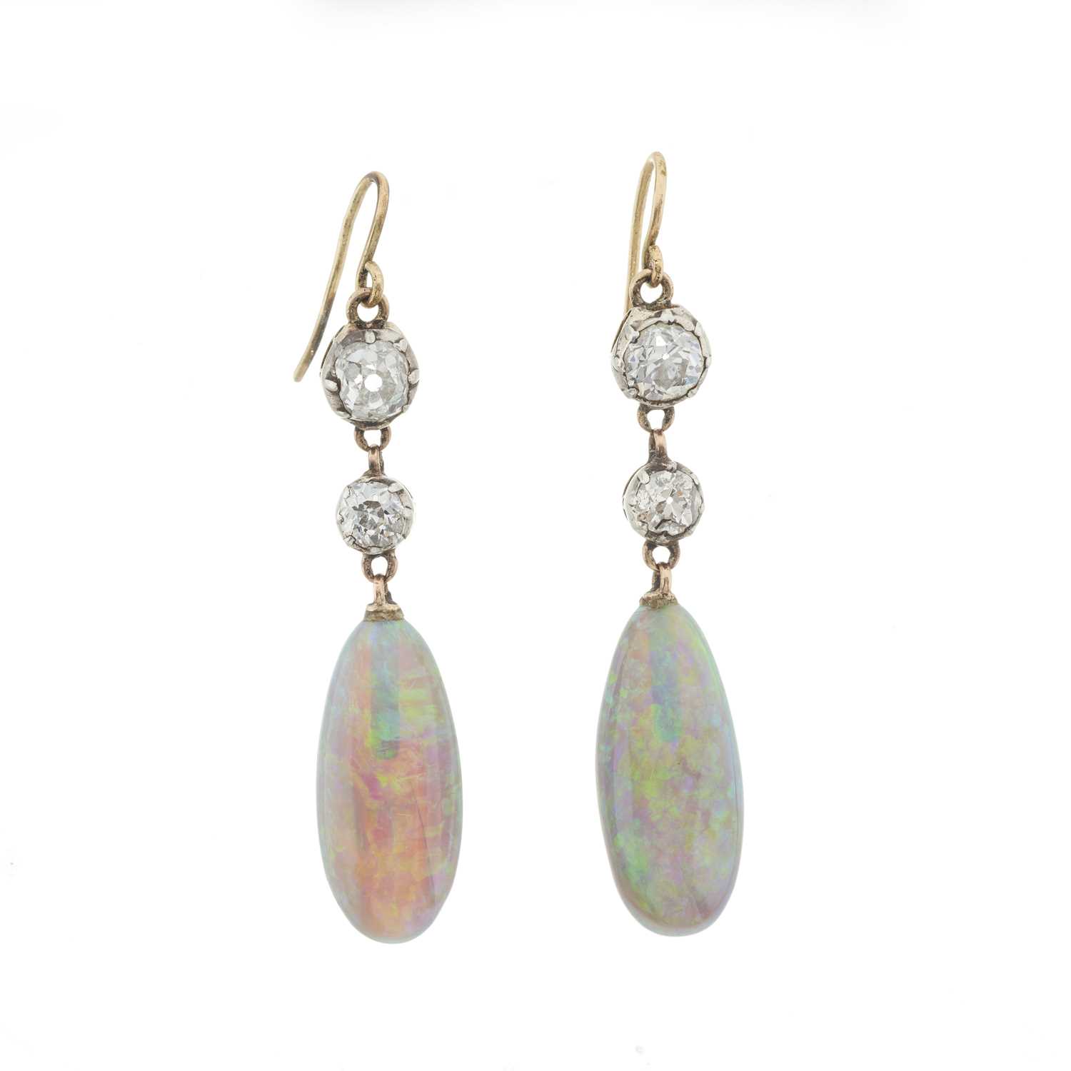 Lot 7 - A pair of late Victorian opal and old-cut diamond drop earrings