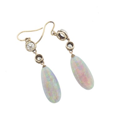 Lot 7 - A pair of late Victorian opal and old-cut diamond drop earrings