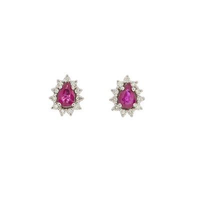 Lot 25 - A pair of 18ct gold pear-shape ruby and...