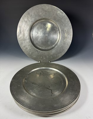 Lot 421 - A set of six heavy tin dinner plates, some...