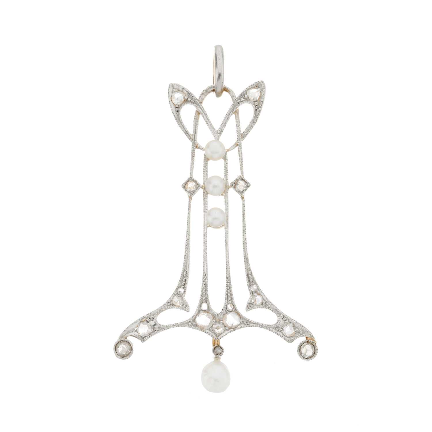 Lot 16 - An Art Nouveau diamond and pearl pendant