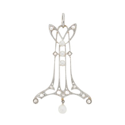 Lot 16 - An Art Nouveau diamond and pearl pendant