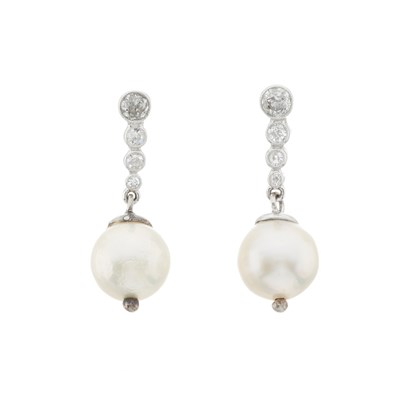 Lot 107 - A pair of diamond and cultured pearl drop earrings