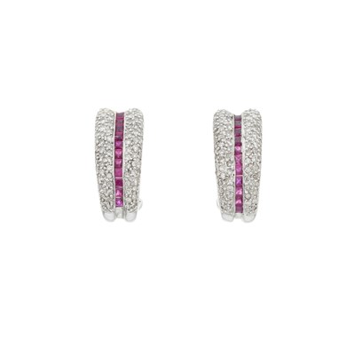 Lot 91 - A pair of 14ct gold ruby and diamond half hoop clip earrings