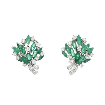 Lot 81 - A pair of 18ct gold emerald and diamond floral earrings