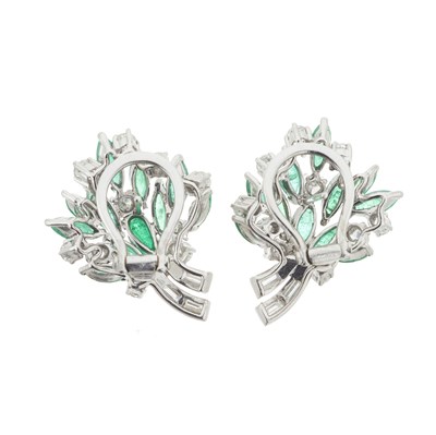 Lot 81 - A pair of 18ct gold emerald and diamond floral earrings