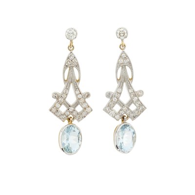 Lot 157 - A pair of 18ct gold aquamarine and diamond drop earrings
