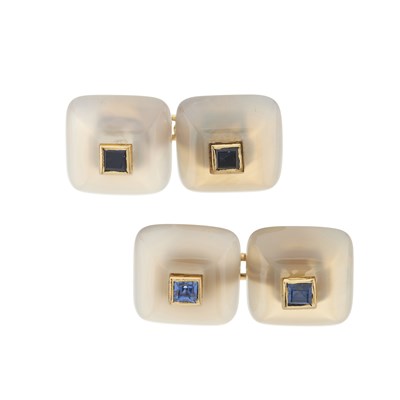 Lot 36 - A pair of 18ct gold blue chalcedony and sapphire cufflinks