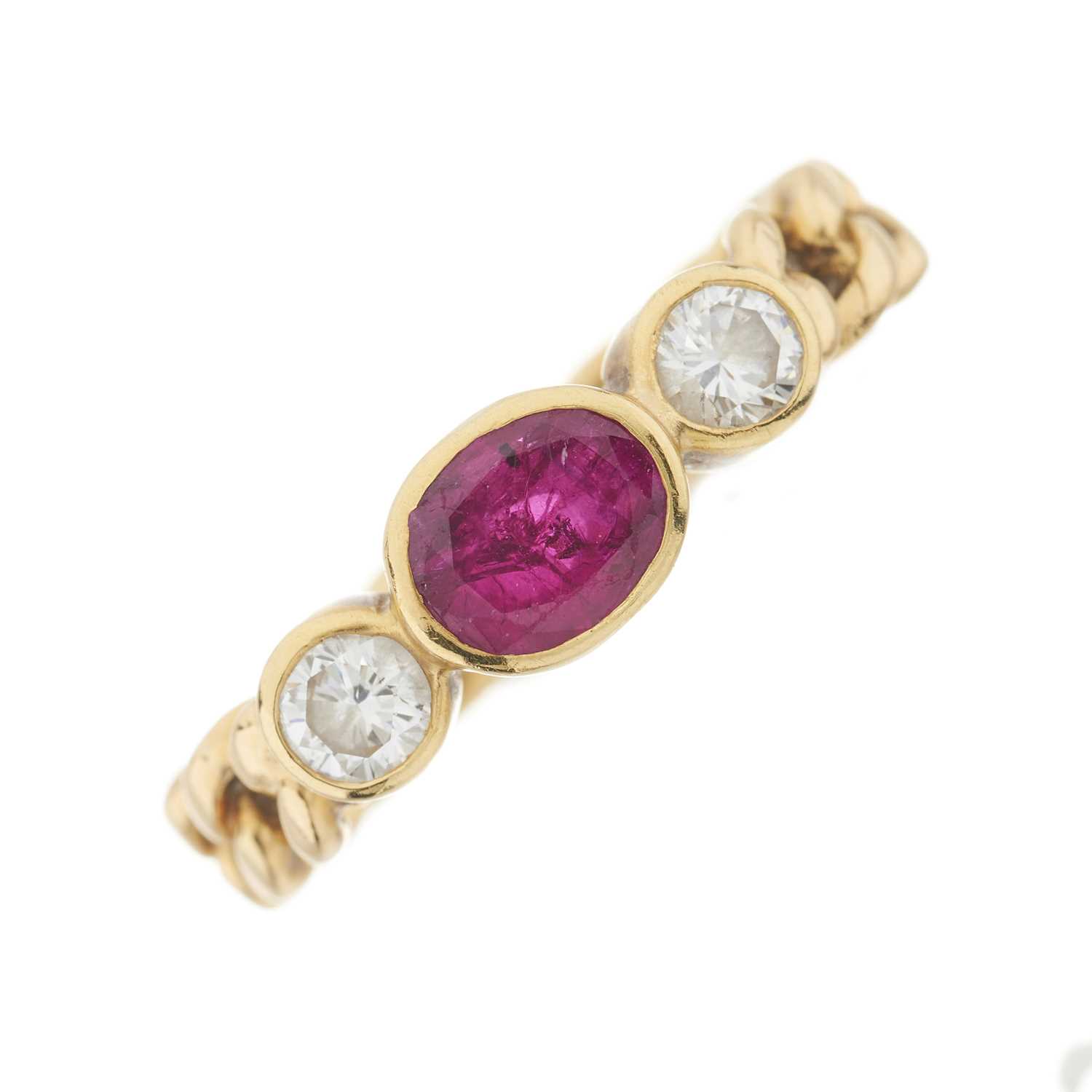 Lot 39 - An 18ct gold ruby and brilliant-cut diamond three-stone ring