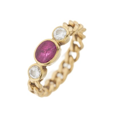 Lot 39 - An 18ct gold ruby and brilliant-cut diamond three-stone ring