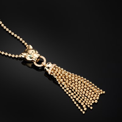 Lot 61 - Cartier, an 18ct gold diamond, green garnet, onyx and lacquer Panthere de Cartier necklace