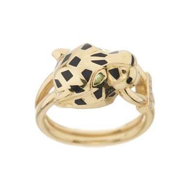 Lot 59 - Cartier, an 18ct gold diamond, green garnet, onyx and black lacquer Panthere de Cartier ring