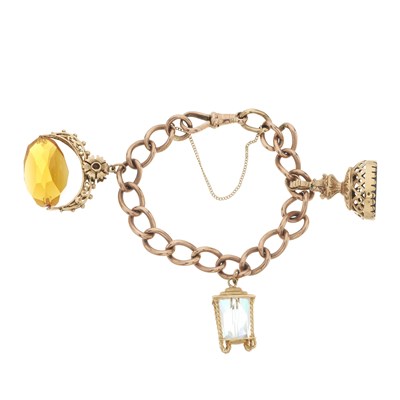 Lot 25 - An Albert chain bracelet, suspending three 9ct gold gem charms