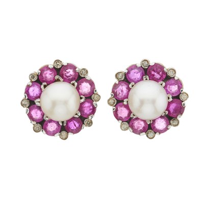 Lot 117 - A pair of cultured pearl, ruby and single-cut diamond cluster stud earrings