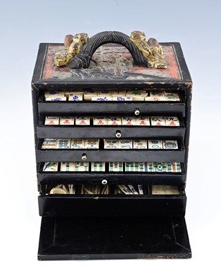Lot 368 - A Chinese bone and bamboo mahjongg set, in a...
