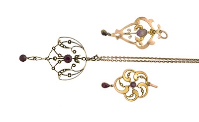 Lot 445 - Three 9ct gold Edwardian gem set pendants with one chain