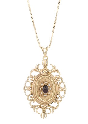 Lot 51 - A 9ct gold garnet and split pearl locket pendant, with chain