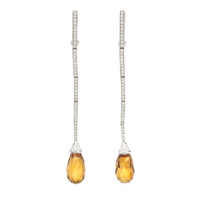 Lot 126 - A pair of 18ct gold citrine briolette and diamond drop earrings