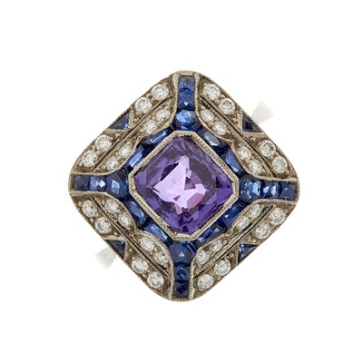 Lot 81 - A mid 20th century 18ct gold amethyst, calibre-...