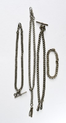 Lot 409 - Three early 20th century silver Albert chains and a later curb-link chain bracelet