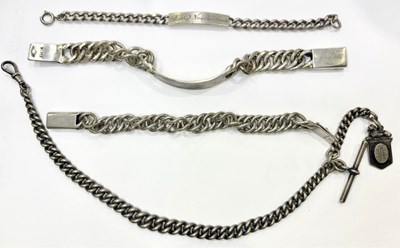 Lot 425 - A silver Albert chain and three silver and white metal bracelets