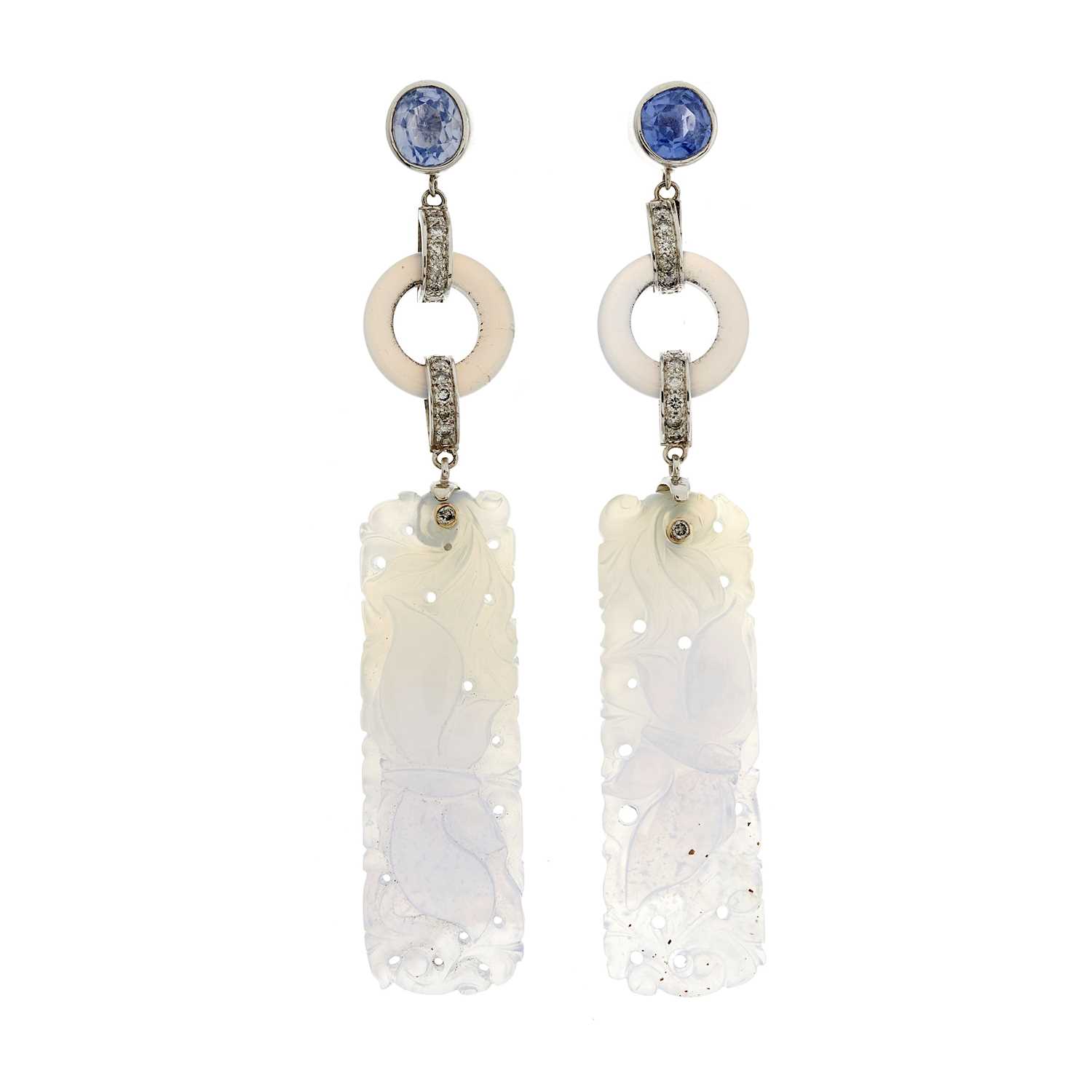 Lot 99 - A pair of carved lavender jade drop earrings,...