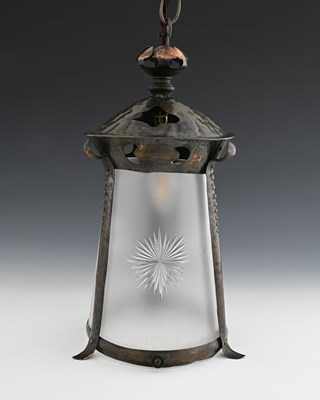 Lot 87 - An Arts and Crafts copper and glass lantern...