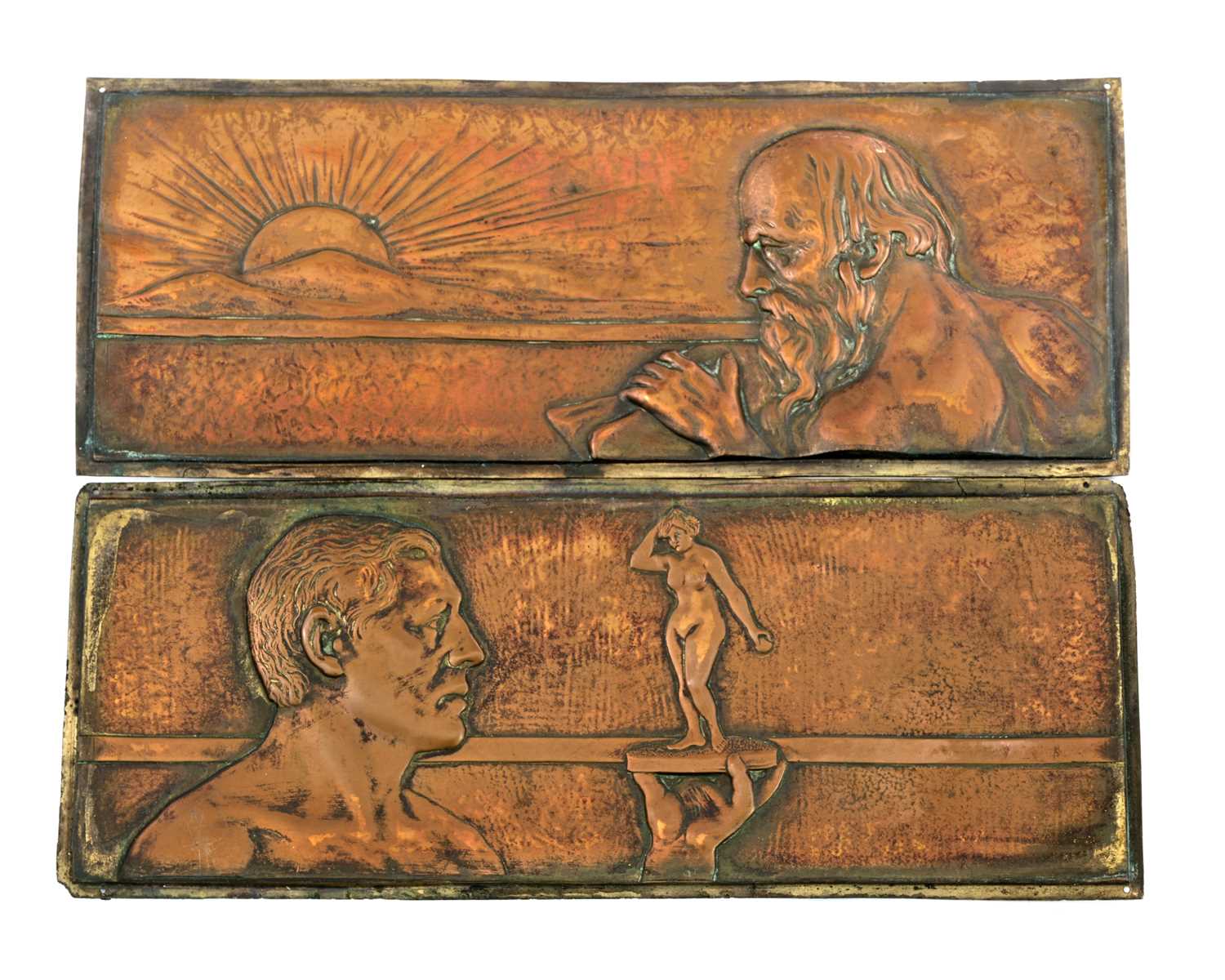 Lot 96 - Two Arts and Crafts copper plaques, cast in...