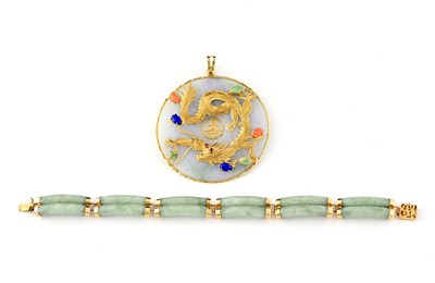 Lot 18 - A jade and gem-set pendant and bracelet