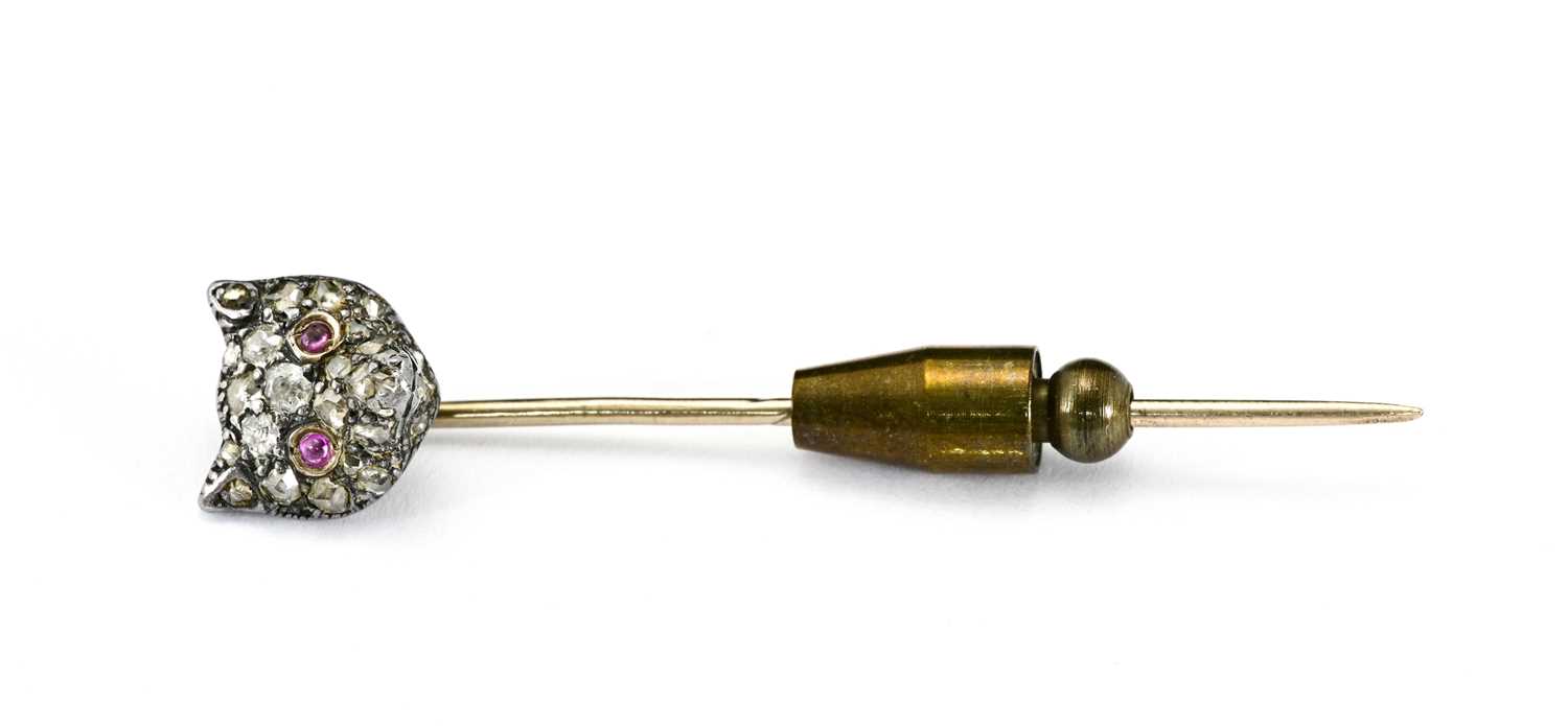 Lot 1 - An early 20th century diamond and ruby fox head stickpin