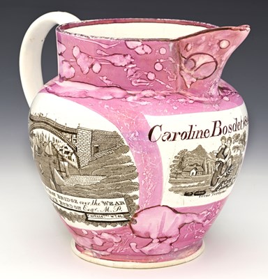 Lot 628 - A Sunderland pink lustre jug, dated 1844,...
