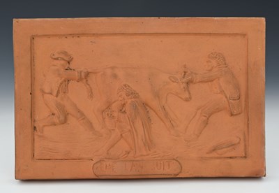 Lot 621 - A relief moulded terracotta plaque, The Law...