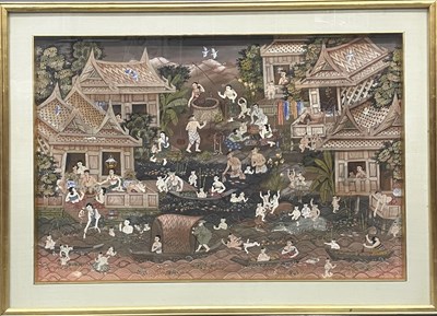 Lot 553 - A Thai narrative watercolour of a riverside...