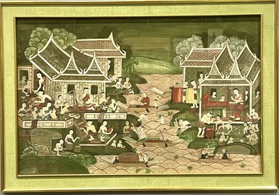 Lot 552 - A Thai watercolour of a floating market with...