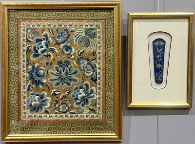 Lot 526 - A Qing dynasty embroidered panel, silk peonies...