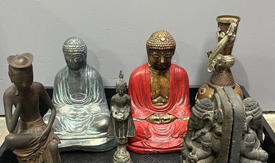 Lot 38 - A collection of cast metal and painted Buddha...