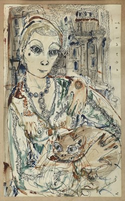 Lot 301 - 'Yolanda' (woman with a cat) a pen and ink on...