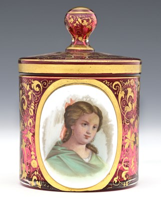 Lot 417 - A Bohemian ruby cased glass portrait box and...