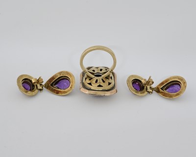 Lot 5 - A pair of 9ct gold amethyst earrings and a ring