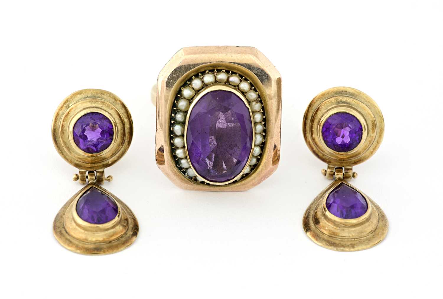 Lot 5 - A pair of 9ct gold amethyst earrings and a ring