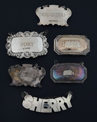 Lot 129 - A group of six silver wine labels, twentieth...