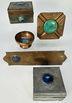 Lot 202 - A collection of Ruskin cabochon set metalware...