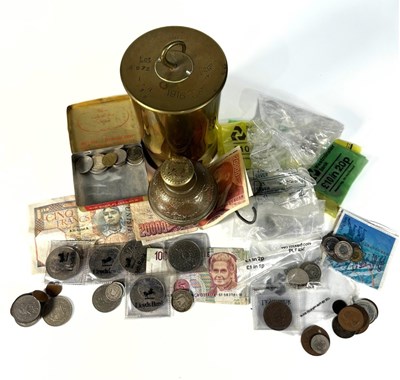 Lot 284 - A selection of coins and two bells